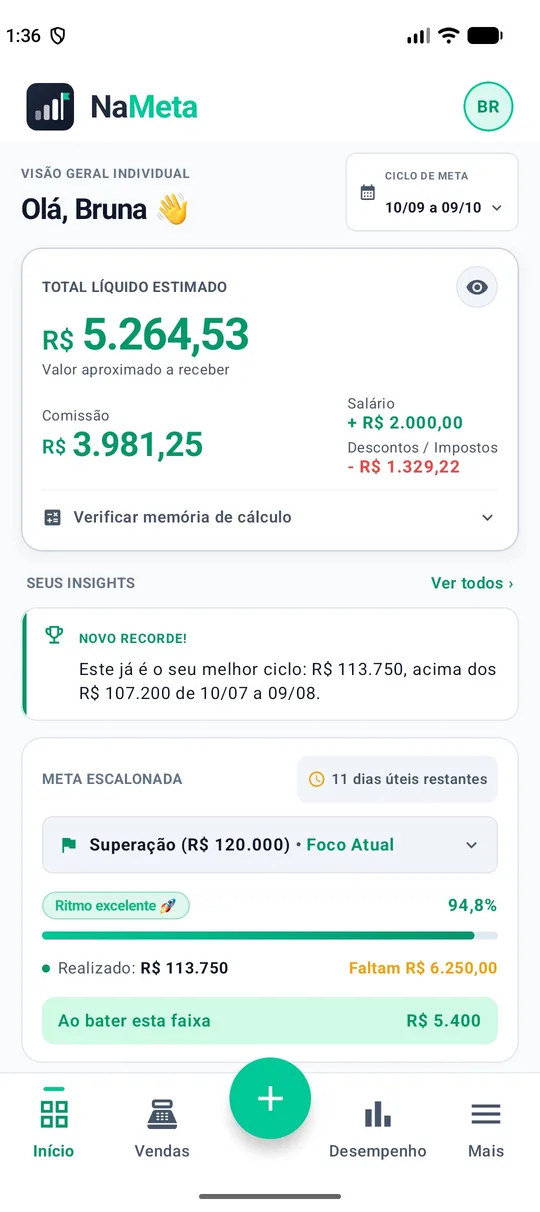 Tela inicial do NaMeta, com o total líquido estimado
