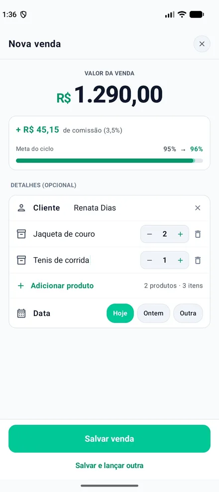 Tela para lançar uma nova venda